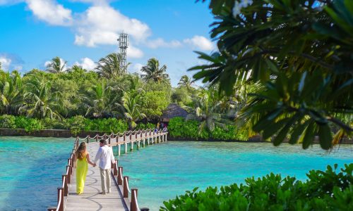Couple holding hands on a boardwalk in paradise with turquoise water and lush greenery.
