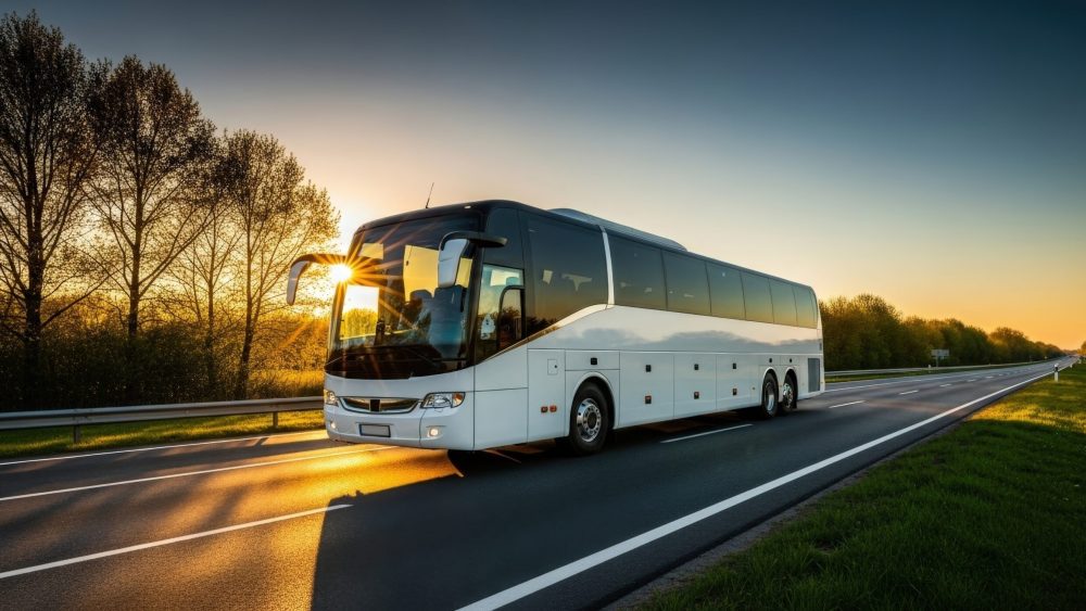 vecteezy_a-white-passenger-bus-traveling-on-a-highway-at-sunset-with_71533789